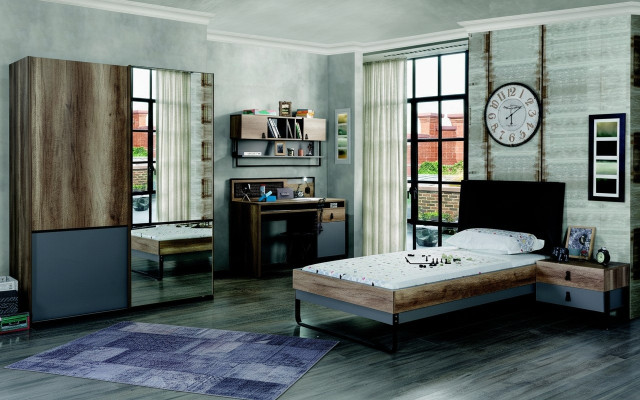 Modernes Jugendzimmer Set Bett Nachttisch Tisch Schlafzimmer Wandregal 6tlg. 