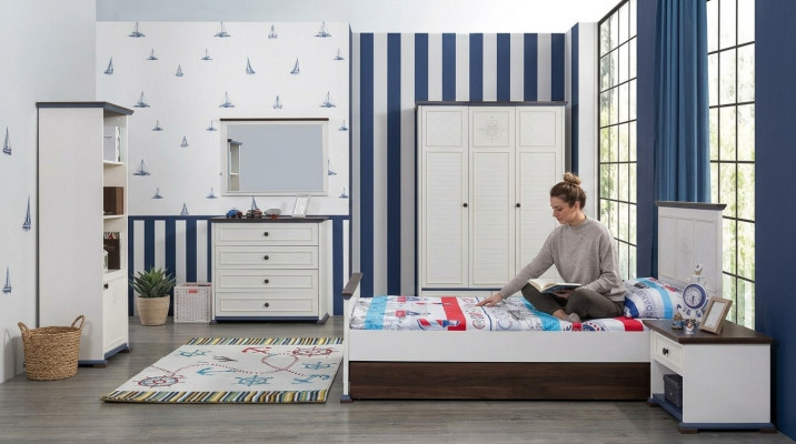 Kinderzimmer Komplett Set Bett Nachttisch Kleiderschrank Kommode Spiegel 6tlg