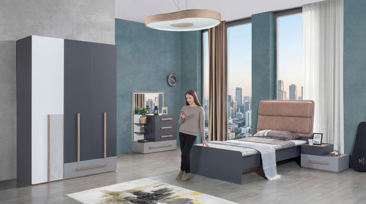 Jugendzimmer Set Grau Bett Nachttisch Kleiderschrank Design Neu 4tlg.