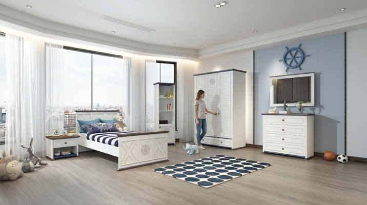Jugendzimmer Komplett Einzelbett Kleiderschrank Kommode mit Spiegel Design 6tlg
