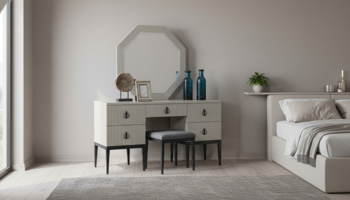 Schminktisch mit Spiegel Grauer Schlafzimmer Design Konsol Hocker Neu