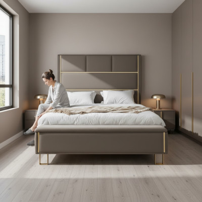 Taupe Polster Betten Doppelbett Holz Schlafzimmer Möbel Hotel Polster 180x200