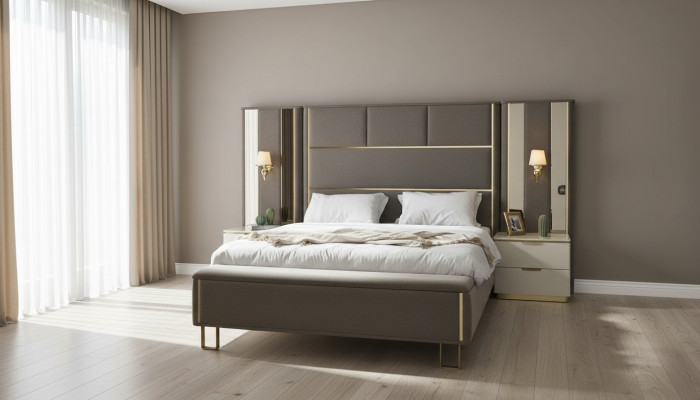 Bett Doppelbett 2x Nachttische Holz Design Betten Schlafzimmer Polster 3 tlg Set