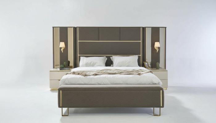 Bett Doppelbett 2x Nachttische Holz Design Betten Schlafzimmer Polster 3 tlg Set