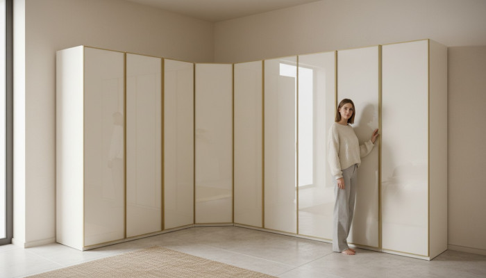 Hochglanz Kleiderschrank Schlafzimmer Schränke Eckschrank Luxus Möbel Gold Beige