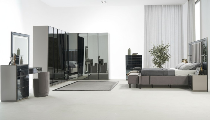 Luxus Glas Schlafzimmer Bett Nachttisch Eckschrank Kommod Spiegel Hocker Grau