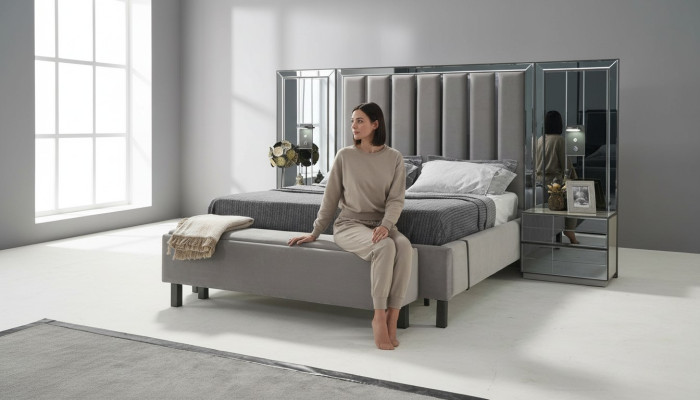 Schlafzimmer Set Bett 2x Nachttisch Hocker Doppel Betten Polster Möbel 4tlg. Neu