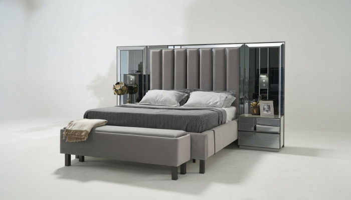 Schlafzimmer Set Bett 2x Nachttisch Hocker Doppel Betten Polster Möbel 4tlg. Neu