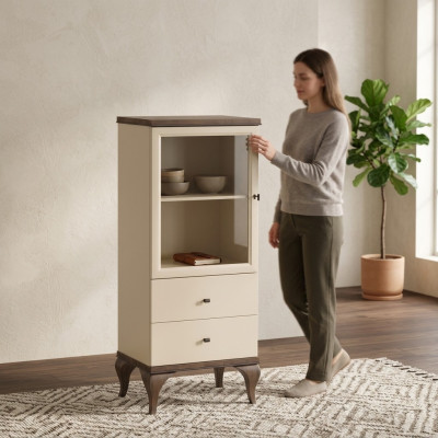 Glas Schrank Wohnzimmer Schränke Anrichte Beige Vitrine Möbel Holz