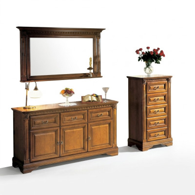 Schrank Kommode Spiegel Material Holz klassisches Set 3tlg Braun Landhaus