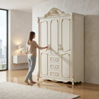 Dreitüriger Kleiderschrank Schrank Weiß Barock Rokoko Schränke Holz
