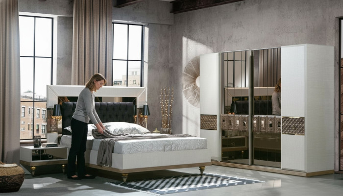 Schlafzimmer Set Bett 2x Nachttische Textil Kleiderschrank Modern 4tlg.