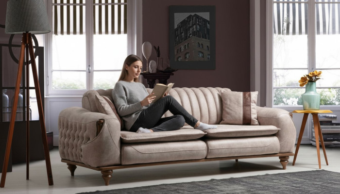 Beige Dreisitzer Chesterfield Couch Polster Möbel Textil Couchen Stoff