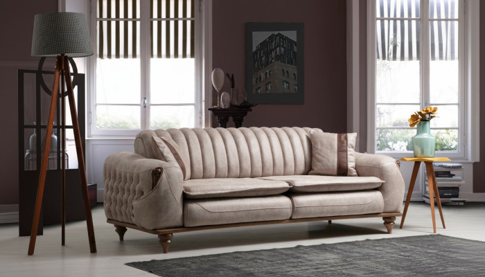 Beige Dreisitzer Chesterfield Couch Polster Möbel Textil Couchen Stoff