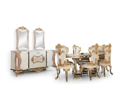 Luxus Esszimmer Set 9 tlg. Esstisch + 6x Stühle + Anrichte mit Spiegel weiß Neu