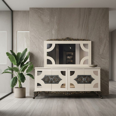 Kommoden Schrank mit Spiegel Edle Kommode Buffet Barock Rokoko Holz Anrichte