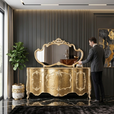 Anrichte Spiegel Luxus Gruppe Kommode Garnitur Kommoden Schrank Anrichten Gold