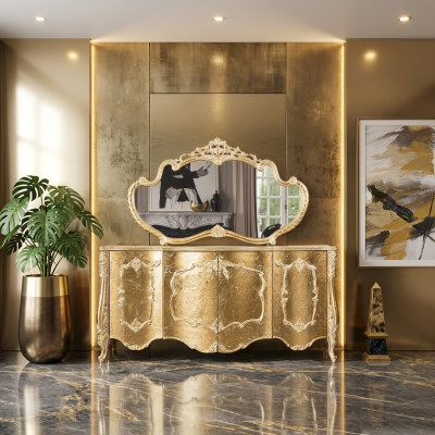 Anrichte Spiegel Luxus Gruppe Kommode Garnitur Kommoden Schrank Anrichten Gold