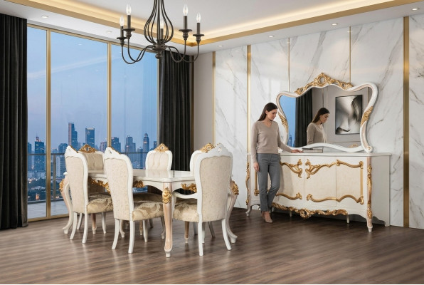 Komplett Set Esstisch + 6 Stühle Esszimmer Ess Gruppe Holz Anrichte+Spiegel 9tlg
