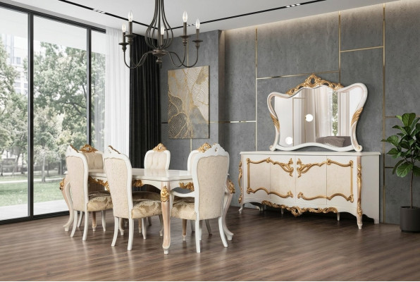 Komplett Set Esstisch + 6 Stühle Esszimmer Ess Gruppe Holz Anrichte+Spiegel 9tlg