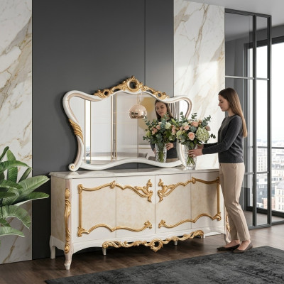 Anrichte mit Spiegel Garnitur Ess Barock Kommoden Holz Kommode Holz Schrank Neu