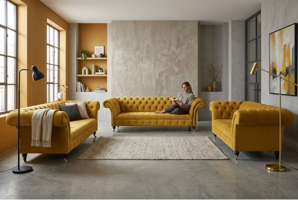Gelbe Chesterfield Sofagarnitur Couch Polster Set Sitzgarnitur Komplett