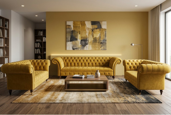 Gelbe Chesterfield Sofagarnitur Couch Polster Set Sitzgarnitur Komplett