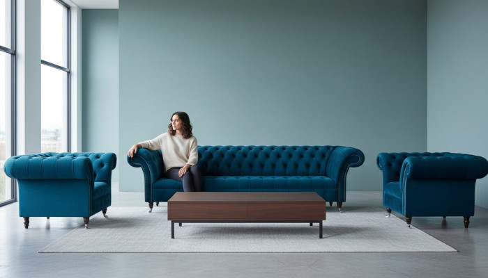 Blaue Chesterfield Sofagarnitur Couch Polster Set Sitzgarnitur 3+1+1