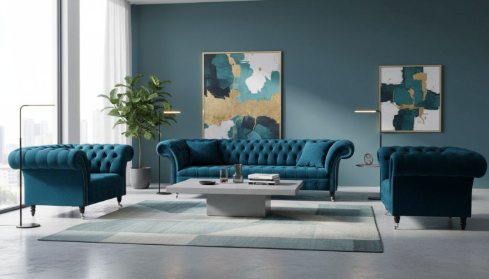 Blaue Chesterfield Sofagarnitur Couch Polster Set Sitzgarnitur 3+1+1