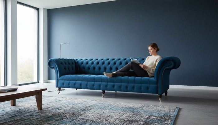 Design Luxus Chesterfield Sofa 4-Sitzer Couch Polster Sofas Möbel Blau