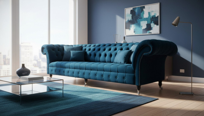 Design Luxus Chesterfield Sofa 4-Sitzer Couch Polster Sofas Möbel Blau