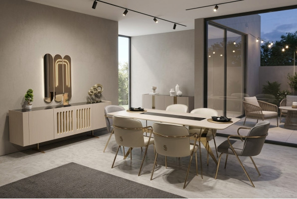 Luxuriöse Esszimmer Set Esstisch + 6x Stühle + Sideboard mit Spiegel