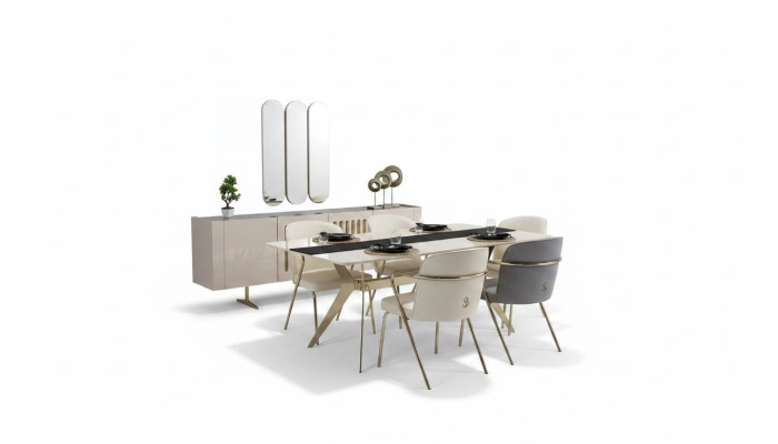 Luxuriöse Esszimmer Set Esstisch + 6x Stühle + Sideboard mit Spiegel