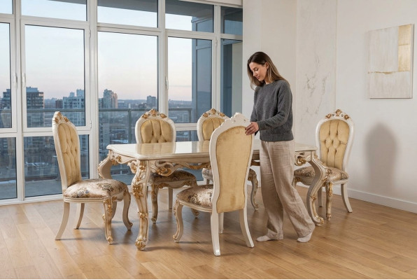 Beige Klassische Esszimmermöbel Designer Esstisch mit Chesterfield Poslterstühlen