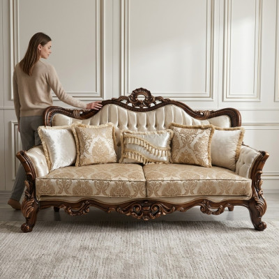 Chesterfield Barock Dreisitzer Möbel Sofa Couchen Stoff Gold Couch