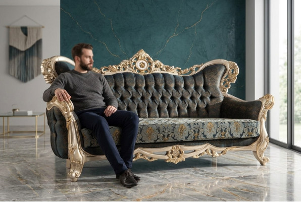 Barock Dreisitzer Chesterfield Couch Möbel Sofa Couchen Stoff Gold