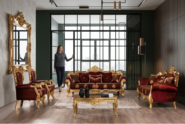 Bordeaux Rote Sofagarnitur Couch Gold Klassische Möbel Tisch 5tlg.