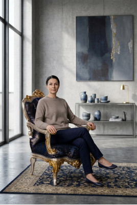 Luxus Sessel Klassischer Thron Stuhl Lehnstuhl Barock Samt Blau Gold