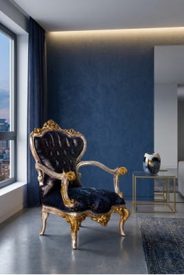 Luxus Sessel Klassischer Thron Stuhl Lehnstuhl Barock Samt Blau Gold