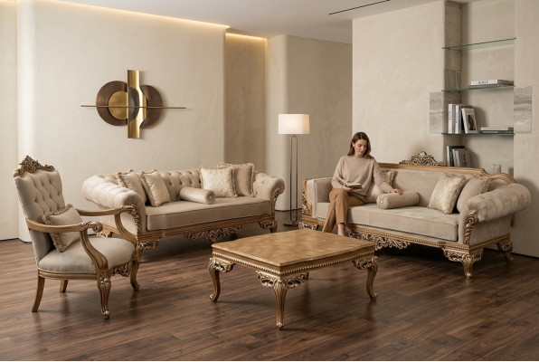 Designer Sofa Heller Stoffbezug 3Sitzer + Couchtisch Neues Modell für Wohnzimmer