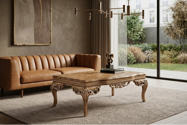 Für Wohnzimmer Art Deco Couchtisch aus Holz helle Farbe geschnitzte Beine Neu