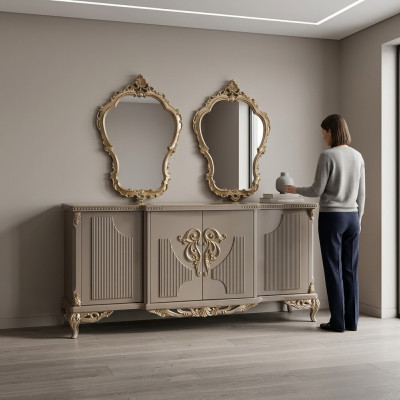 Anrichte mit Spiegel Taupe Braun Holz Schrank Sideboard Anrichten 2tlg