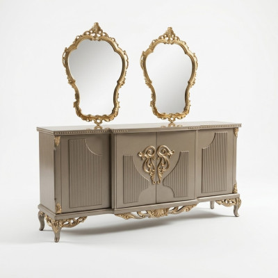 Anrichte mit Spiegel Taupe Braun Holz Schrank Sideboard Anrichten 2tlg