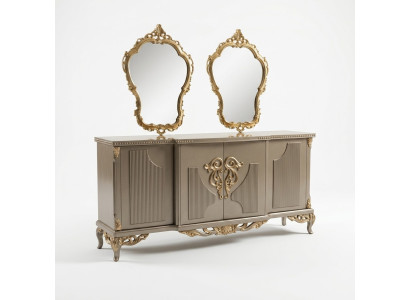 Anrichte mit Spiegel Taupe Braun Holz Schrank Sideboard Anrichten 2tlg