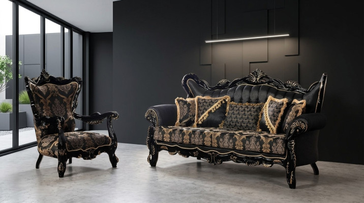 2tlg.Sofagarnitur für das Wohnzimmer 3+1 Sitzeschwarzes Sofa und Sessel Goldmuster