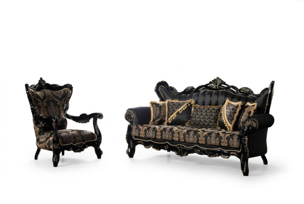 2tlg.Sofagarnitur für das Wohnzimmer 3+1 Sitzeschwarzes Sofa und Sessel Goldmuster