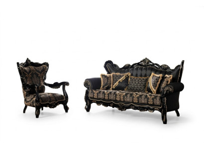 2tlg.Sofagarnitur für das Wohnzimmer 3+1 Sitzeschwarzes Sofa und Sessel Goldmuster
