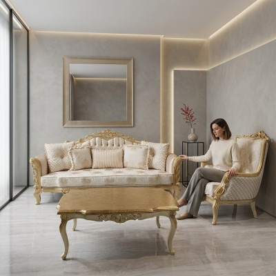 Sofagarnitur Sofa 3+1 Sitzer Sessel Tisch geschnitzten Beinen Couchtisch 3tlg.