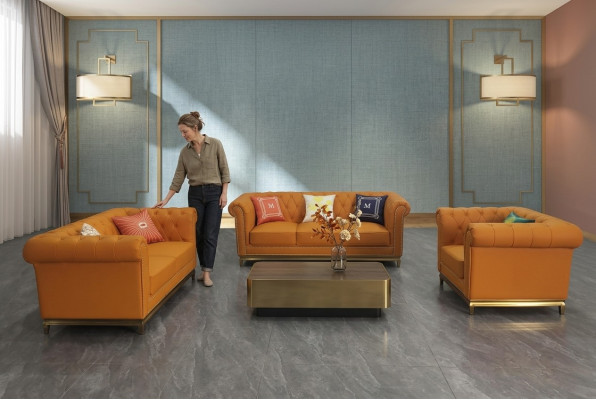 Chesterfield Wohnzimmer Couch Sofa Set Luxus Garnitur 3+2+1 Orange Neu