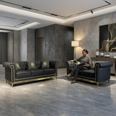 Schwarze Chesterfield Wohnzimmer Couchgarnitur Luxus Set 3+2 Sitzer 2tlg.